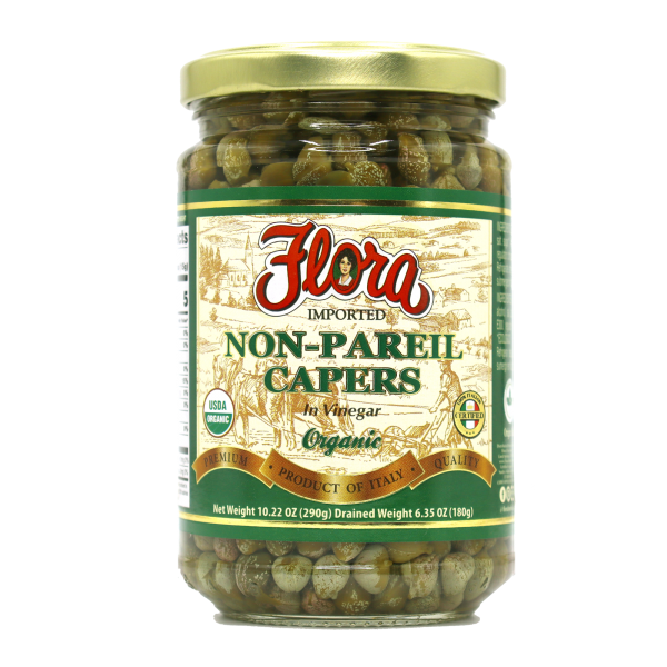 Flora Foods Non-Pareil Organic Capers in Vinegar and Salt Brine Premium italian Glass 10 Oz Jar