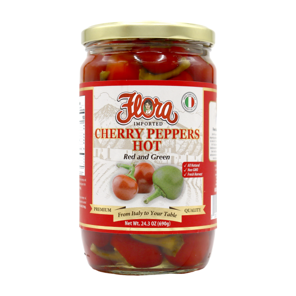 Flora Foods Hot & Red Cherry Peppers in Brine 24 oz jar