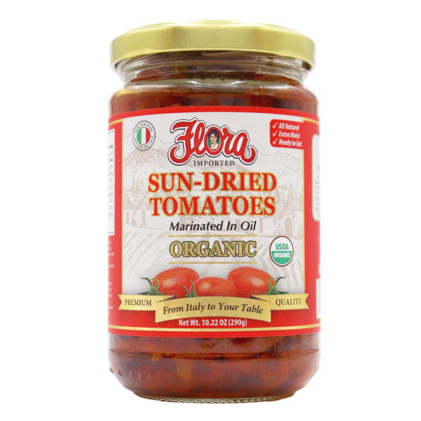 Organic Sun dried tomatoes in oil Flora Foods Imported from Italy.